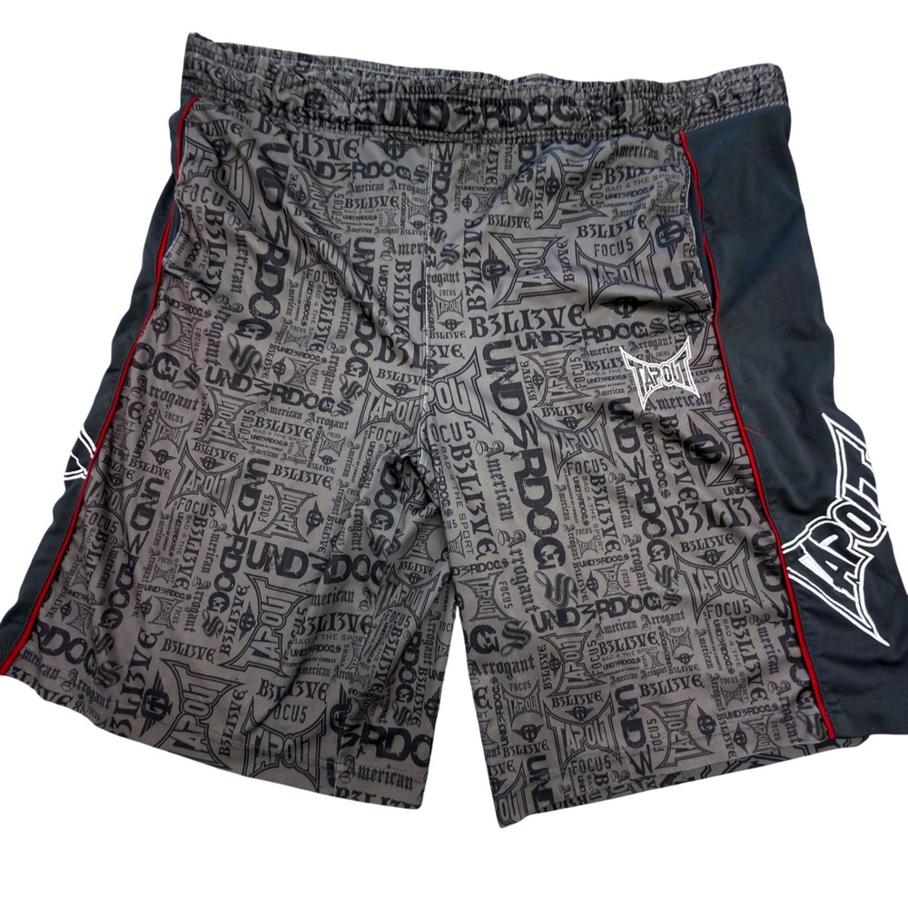 Tapout Mens MMA Gym Shorts Grey Black  Over Print Embroidered Logo Large 36-38